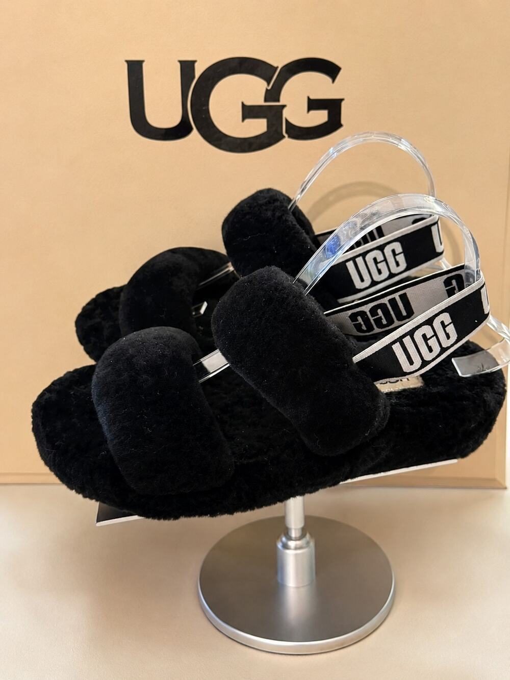 UGG Fluff Yeah Slide Black Sheepskin Logo Strap Slippers Women’s 9